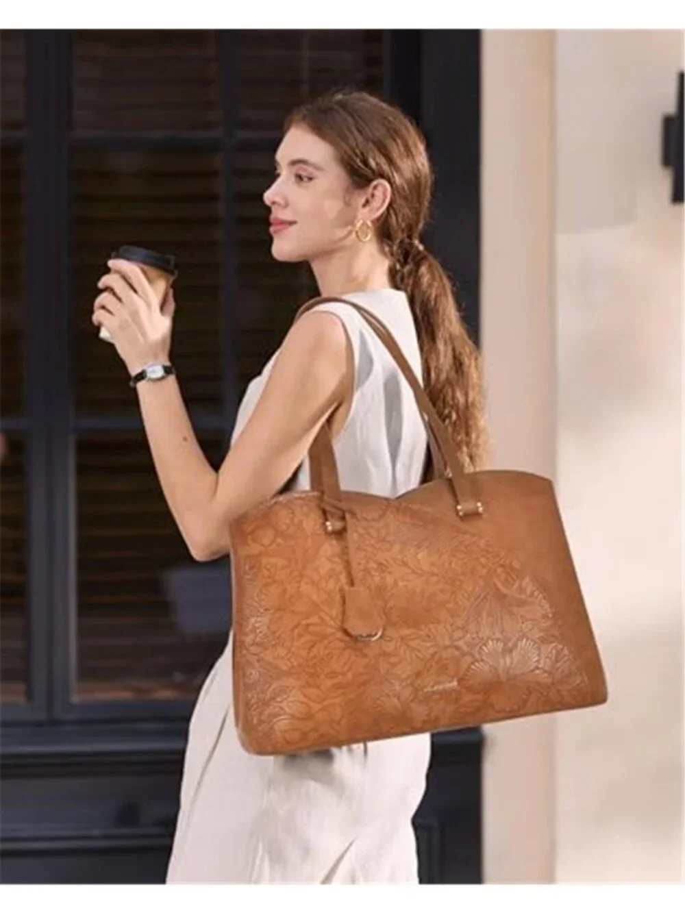 Brown Leather Work Tote Bag Women 15.6 Laptop Compartment Large Purse Teacher